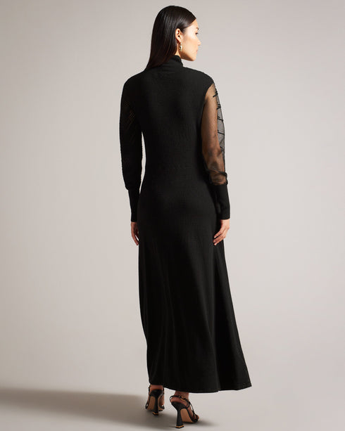 LEONHAA-Dresses-Add a swish to your step with LEONHAA. Crafted from a luxurious wool blend, this maxi dress wraps you in comfort and style simultaneously. With a flirty devoré bodice and flowing skirt, this wardrobe must-have turns heads for all the right reasons. Don't mind if we do. Maxi dress Fluted skirt Mock neck Wool and cashmere blend Long blouson sleeves Devoré striped bodice Hyunser is 5'10.5" / 1.79m and wears Black in a Ted size 1 Flattering fitFluted skirts complement a wide range of body types